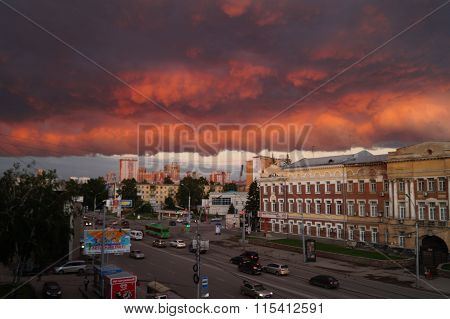 red ominous sky above the city