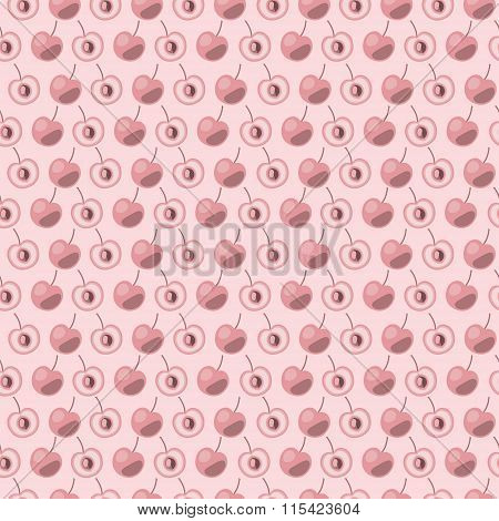 Seamless vector pattern matt symmetrical background with cherry whole and half over light backdrop.