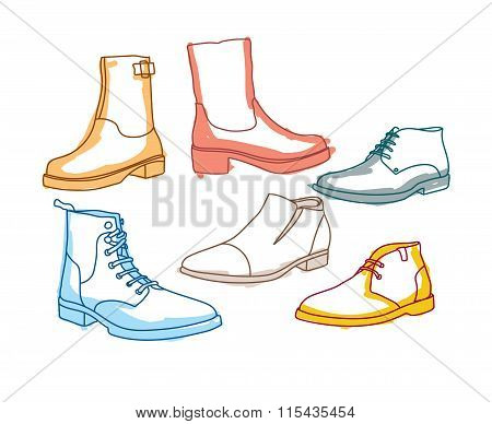 Colored Line Art Boots With Shading On White