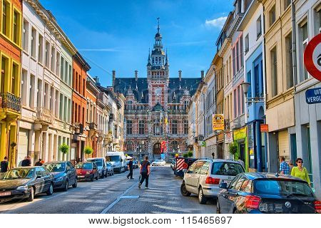 ANTWERP, BELGIUM - JUN 2013: Street with guild houses on June 7,
