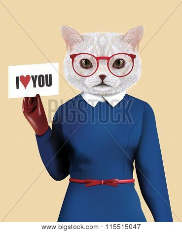 White Cat Girl Dressed Up In Classic Retro Style
