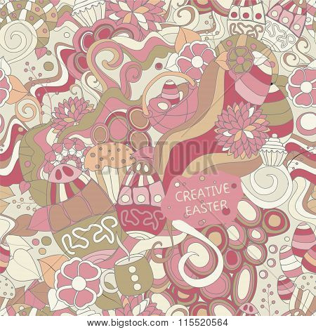 Stock Vector Seamless Cartoon Doodle Easter Pattern. Card, Brochure, Poster Template.