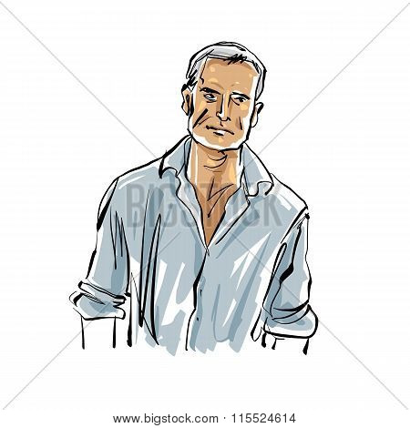 Hand Drawn Countryman Illustration On White Background, Grey-haired Man.