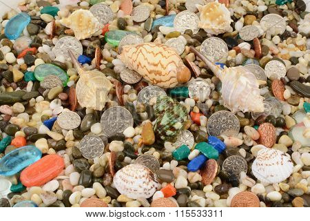 Wet Metal Money On Stone And Shells