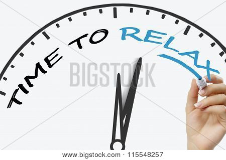 Hand writing Time to relax concept with blue marker on transparent wipe board.