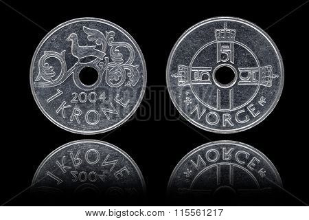 Obverse And Reverse Of One Norwegian Krone Coin