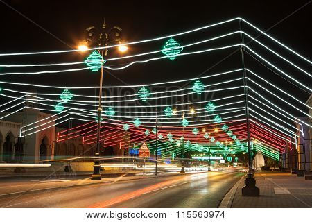 Street In Muscat Decorated With Lights. Oman, Middle East