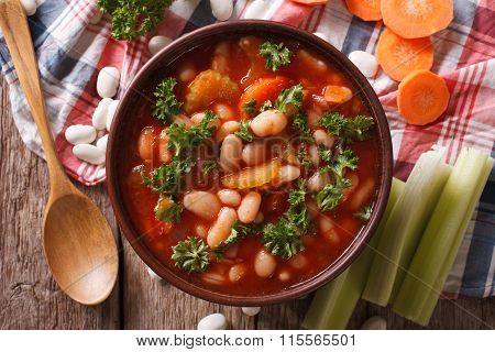 Homemade Bean Soup, Carrots And Celery Close-up. Horizontal Top View