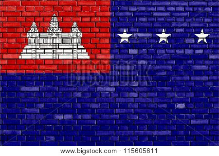 Flag Of Khmer Republic Painted On Brick Wall