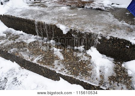 snow and ice on stairs in winter