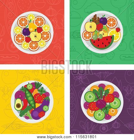 four vector flat illustrations of salads and fruit meals on plate