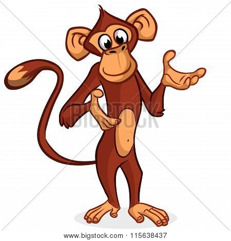 Cute monkey presenting and pointing hand. Vector Cartoon character on a white background