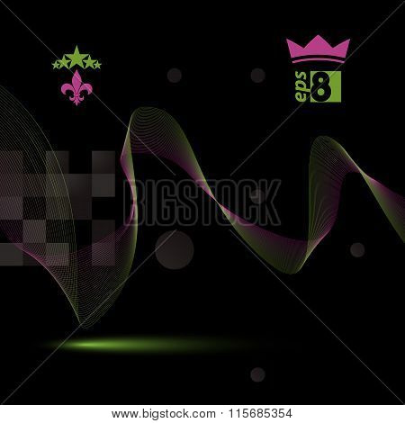 Dimensional Motif Elegant Flowing Curves, Dark Background In Motion With Five Stars Emblem, Eps8 Des