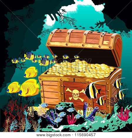 Underwater cave with an open pirate treasure chest