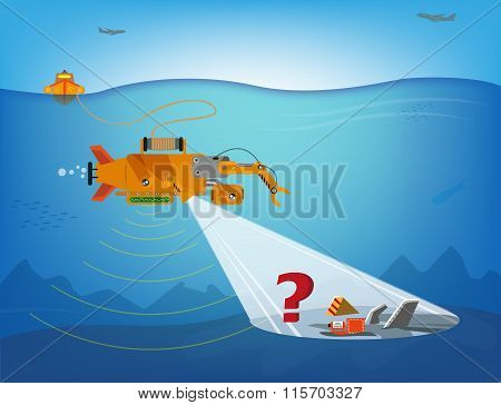 Robot Submersible Tool is searching debris of planes or other sunken things.