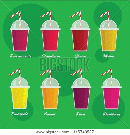 Collection of eight healthy fruit smoothies in flat style