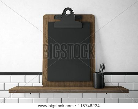 Set of blank black elements on the wood bookshelf. 3d render