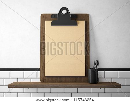 Set of blank craft tablet  on the wood bookshelf. 3d render