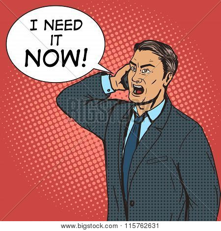 Angry businessman speaks by phone pop art vector