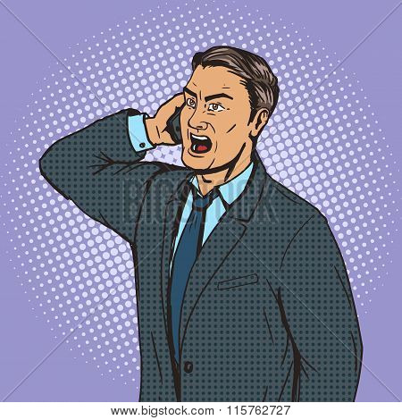 Angry businessman speaks by phone pop art vector