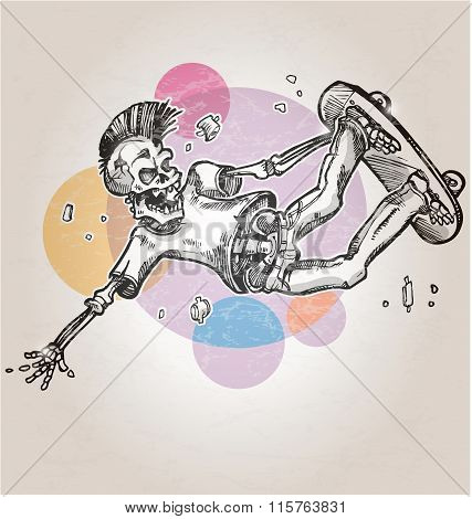 skeleton skater cartoon  on abstract retro background
