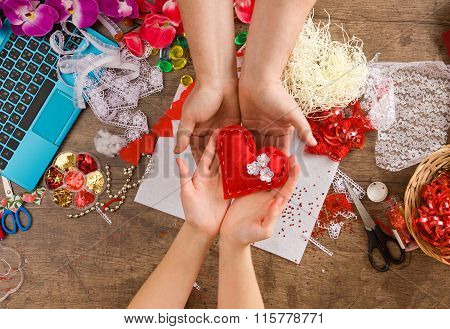 Toys Valentine's Day with their own hands, top view