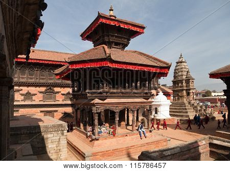 Temples Of Durbar Square With People In Bhaktapur