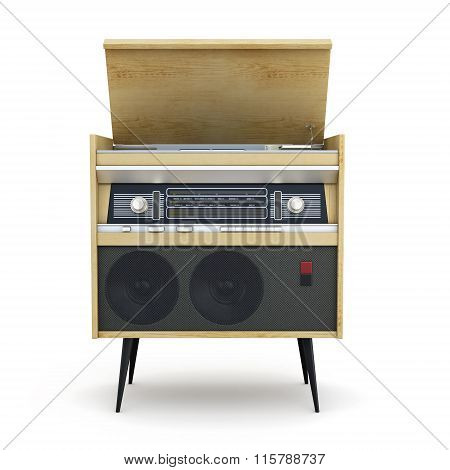 Musical retro turntable on white background.