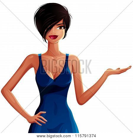 Beautiful Tanned Woman Showing Some Empty Copy Space To Side With Her Hand, Upper Body Portrait. Col