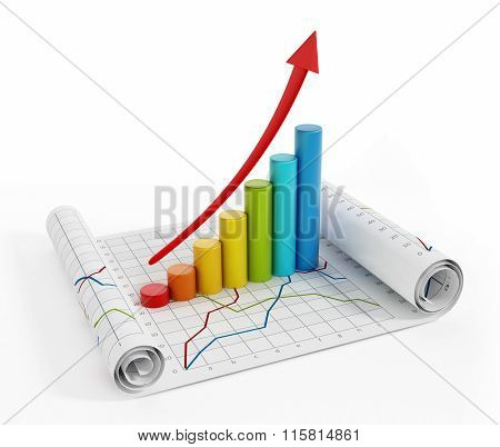 Financial graphics with rising arrow above cylinders