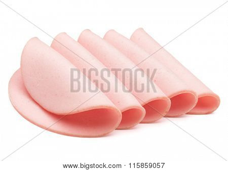 cooked boiled ham sausage or rolled bologna slices isolated on white background cutout