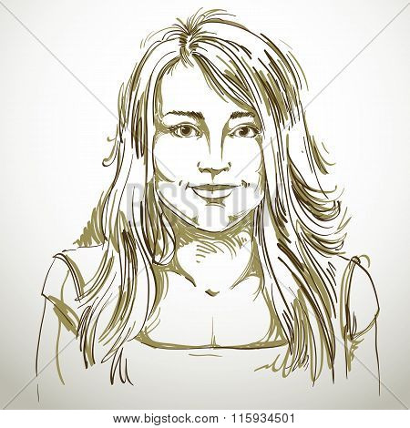 Graphic Vector Hand-drawn Illustration Of White Skin Attractive Kind Lady With Stylish Haircut. Peop