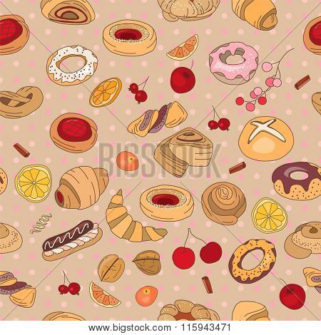 Seamless pattern with different  pastry. Different taste and color.
