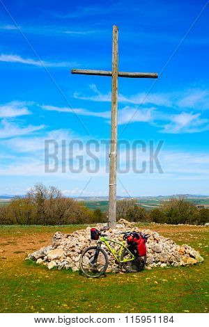 Cruz de Atapuerca cross biking in Saint James Way Castilla near Burgos