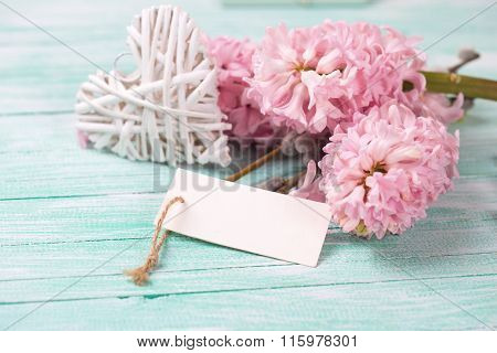 White Decoratve Heart With Hyacynths, Willow Flowers And Empty Tag