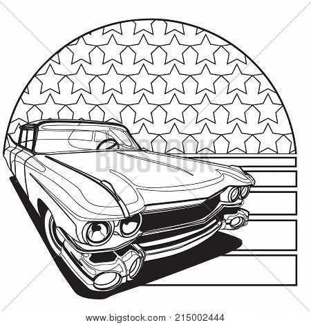 Simple black and white vector badge executed in retro print style on the background of American symbolism. File doesn't contains gradients blends transparency and strokes or other special visual effects. You can open this file with any vector graphics edi