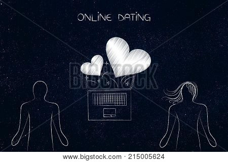 Laptop In Between Two People And Lovehearts Flying Out, Online Dating