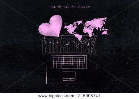Laptop With Lovehearts And World Map Flying Out Of It