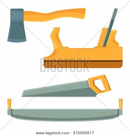 Deforestation tools set of icons, toolbox objects include axe with sharp razor, two saws and woodwork manual handplaner on vector illustration
