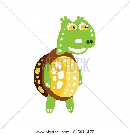 Happy green turtle standing isolated on white. Spotted shell colored in brown and yellow. Marine animal of mediterranean sea. Cartoon reptile character side view. Kids drawing flat vector illustration