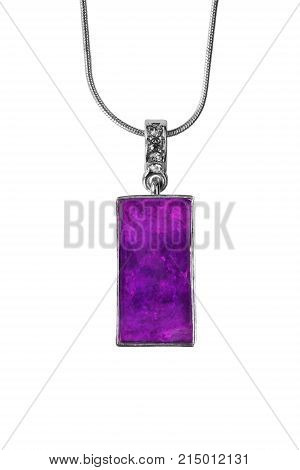 Elegant amethyst pendant on silver chain isolated over white
