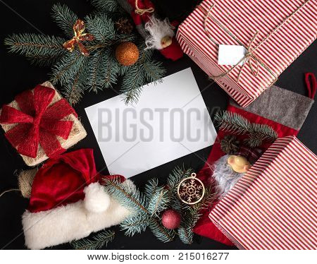 Holiday Concept. Merry Christmas and Happy New Year. Christmas Decorations on a blackboard.