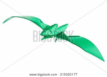 Green pterodactyl of origami, isolated on white background.