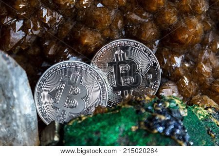 Silver bitcoin in the gem stone. Bitcoin cryptocurrency.