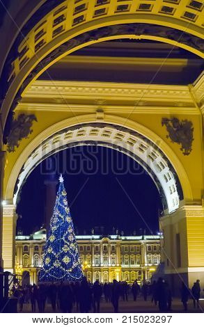 New Year's fir-tree in garlands of fires at Palace Square St. Petersburg Russia