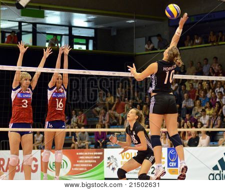 BUDAPEST, HUNGARY - JUNE 18: Dora Horvath (in black 10) in action at a CEV European League woman's volleyball game Hungary vs Czech Republic on June 18, 2011 in Budapest, Hungary.