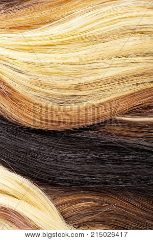 Real woman hair texture. Human hair weft, Dry hair with silky volumes. Real european human hair wallpaper texture. Brown blond dark blonde and black. Texture background.