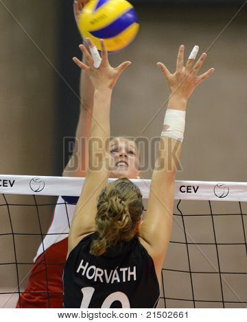 BUDAPEST, HUNGARY - JUNE 18: Dora Horvath (in black 10) in action at a CEV European League woman's volleyball game Hungary vs Czech Republic on June 18, 2011 in Budapest, Hungary.