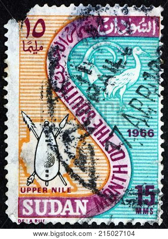 SUDAN - CIRCA 1967: a stamp printed in Sudan shows map of Sudan and crests of Upper Nile Blue Nile and Kassala provinces circa 1967