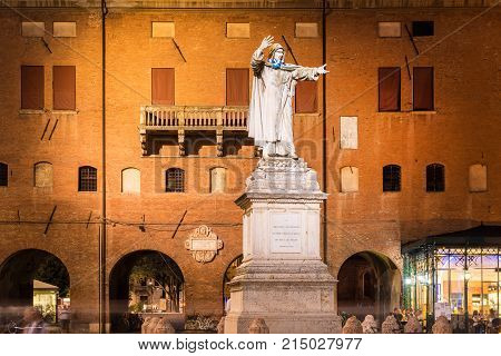 Ferrara - July 2017, Italy: The Statue of Savonarola in the historical center of Ferrara, the famous city in Emilia Romagna